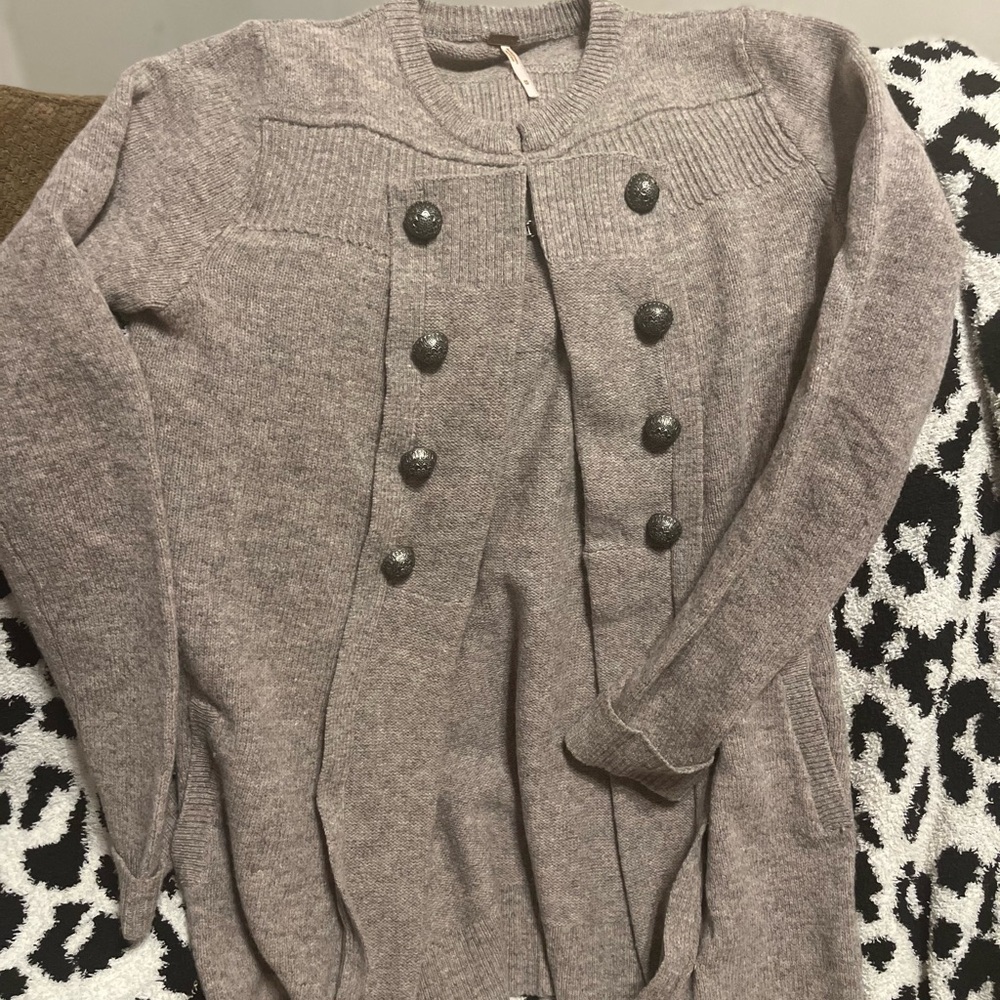 Free People M Wool Cardigan Sweater Jacket in Gray Hook & Eye Closure, Pockets